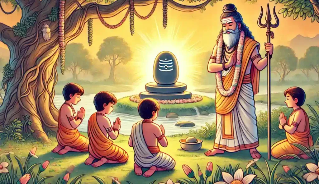 एक बुज़ुर्ग साधु तीन छोटे लड़कों को नदी किनारे, पेड़ों और फूलों से घिरे, शांत, धूप से भरे वातावरण में, एक चमकते शिवलिंग की पूजा सिखा रहे हैं—यह दृश्य महाकालेश्वर उज्जैन कथा से प्रेरित है। सभी ने पारंपरिक भारतीय पोशाक पहनी हुई है।.