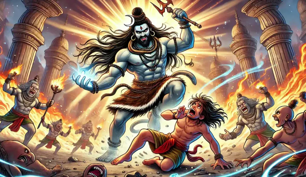 लंबे बालों, त्रिशूल और चमकती आभा वाले एक शक्तिशाली, नीली त्वचा वाले देवता विजयी मुद्रा में खड़े हैं, ऊर्जा बिखेर रहे हैं - यह एक नाटकीय दृश्य है जो महाकालेश्वर उज्जैन की कहानी से प्रेरित है, जिसमें एक पराजित व्यक्ति नीचे दुबका हुआ है और अन्य लोग विस्मय से देख रहे हैं।.