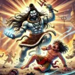 एक शक्तिशाली, नीली त्वचा वाले देवता, लहराते बाल, त्रिशूल और चमकती आभा के साथ खंडहर और अराजकता के बीच एक भयभीत आदमी के ऊपर खड़े हैं, जो दिव्य शक्ति और भय का प्रतीक करने के लिए महाकालेश्वर उज्जैन कहानी को याद करते हैं।.