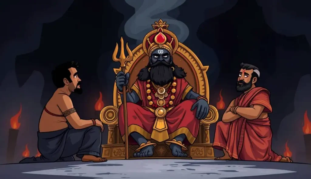 Yamraj, the god of death, seated on a grand throne in Yamlok. Kundal, with a white beard and choti, asks a question, while Vikundal looks nervous.