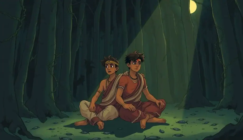 Kundal and Vikundal sitting in a dense forest. Kundal looks regretful, while Vikundal appears nervous. The dark and mystical forest has glowing moonlight and wild animals.