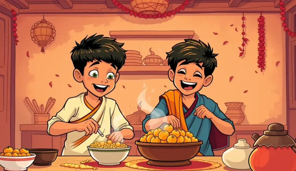 Kundal and Vikundal celebrating the Ghughutiya festival. They are making traditional sweets and singing in a colorful Indian home. Vibrant and joyful, with bold outlines and exaggerated expressions.