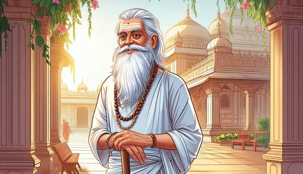 Hemkundal, an elderly and wise Indian man with a white beard and traditional choti, standing in a grand courtyard with a temple in the background. He holds prayer beads and a walking stick, surrounded by blooming flowers and soft sunlight.