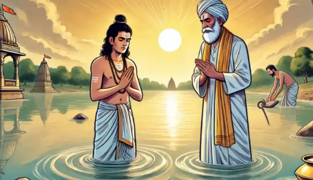 Kundal taking a holy dip in the Yamuna river during Magh month. A Brahmin, Sumitra, guides him from the riverbank. Peaceful and serene, with a beautiful sunrise.