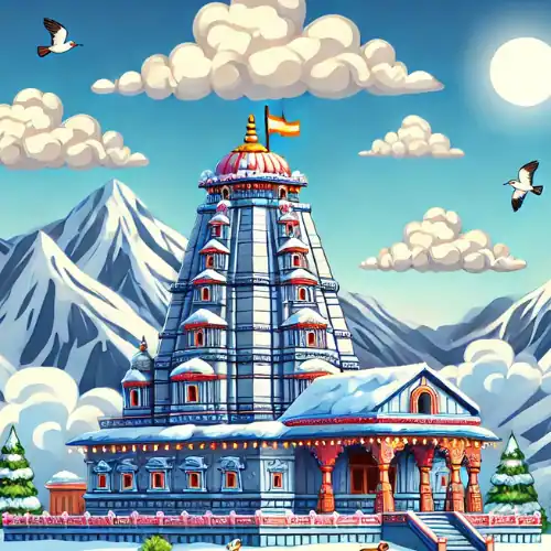 केदारनाथ मंदिर के पौराणिक इतिहास में प्रसिद्ध एक अलंकृत हिंदू मंदिर, चमकीले नीले आकाश के नीचे बर्फीले पहाड़ों के सामने अपनी छत पर बर्फ से ढका हुआ खड़ा है। इस पवित्र स्थल के चारों ओर घुँघराले बादल, उड़ते हुए पक्षी और देवदार के पेड़ हैं।.