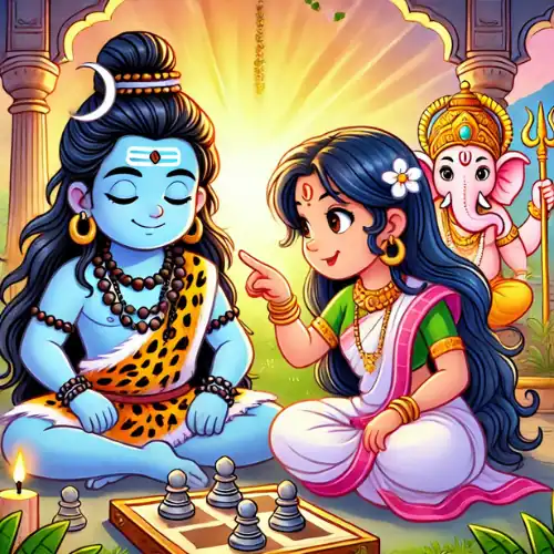 शिव और पार्वती की कहानी का कार्टून-शैली का चित्रण, जिसमें भगवान शिव, पार्वती और गणेश हैं। शिव आँखें बंद किए शतरंज जैसे खेल के पास बैठे हैं, पार्वती मुस्कुरा रही हैं और इशारा कर रही हैं, जबकि उनके पीछे गर्म धूप पड़ रही है।.