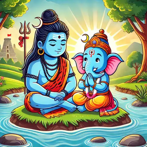 भगवान शिव और युवा गणेश का एक रंगीन कार्टून, जो शिव और पार्वती की कहानी से प्रेरित है, नदी के किनारे घास के एक द्वीप पर बैठे हैं। पृष्ठभूमि में पेड़, एक मंदिर और उनके पीछे चमकती धूप दिखाई दे रही है। गणेश हाथ जोड़े हुए हैं; शिव पालथी मारकर बैठे हैं।.