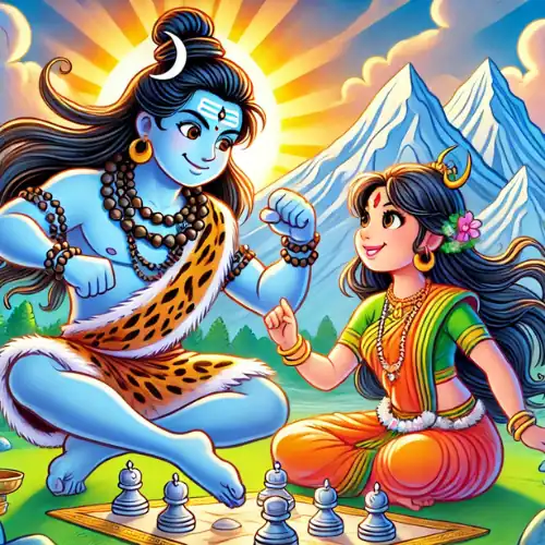 शिव और पार्वती की कथा से प्रेरित एक जीवंत चित्रण में हिंदू देवताओं को घास पर बैठे, शतरंज खेलते हुए, पृष्ठभूमि में पहाड़ और एक चमकता हुआ सूर्य दिखाया गया है। शिव नीले रंग के हैं और उनके शरीर पर अर्धचंद्र है; पार्वती ने हरे और नारंगी रंग की साड़ी पहनी हुई है।.