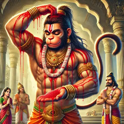 हनुमान सिंदूर कथा का एक सशक्त चित्रण: पारंपरिक आभूषणों और वस्त्रों से सुसज्जित हनुमान अपनी छाती फाड़कर एक चमकता हुआ हृदय प्रकट करते हैं, जबकि तीन आकृतियाँ जटिल मेहराबों वाले एक अलंकृत मंदिर के अंदर प्रशंसा से देखती हैं।.