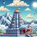 बर्फ से ढके केदारनाथ मंदिर का एक जीवंत चित्रण, विस्तृत वास्तुकला और पौराणिक इतिहास से समृद्ध, ऊंचे पहाड़ों और बादलों, उड़ते पक्षियों और ऊपर चमकते सूरज के साथ एक उज्ज्वल आकाश के सामने स्थित है।.